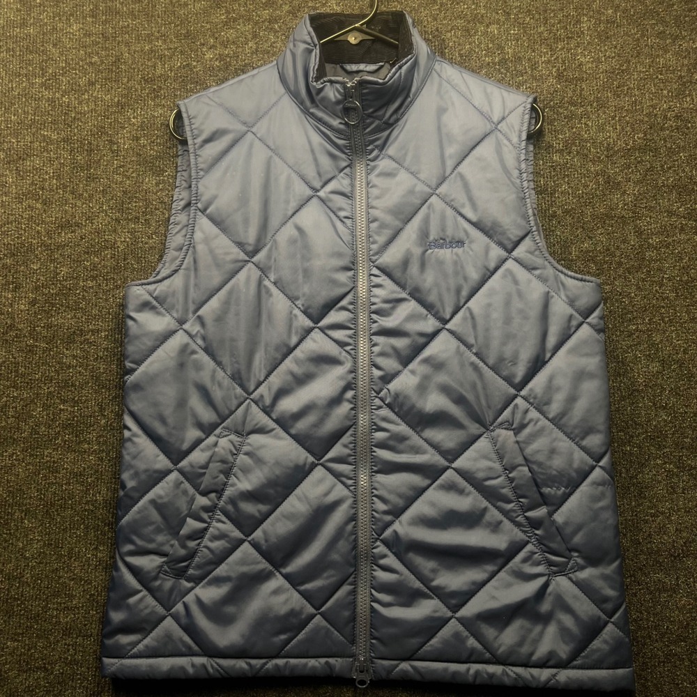 Barbour Mens Quilted Vest Blue Small Full Zip Corduroy Collar Diamond Quilt 2597